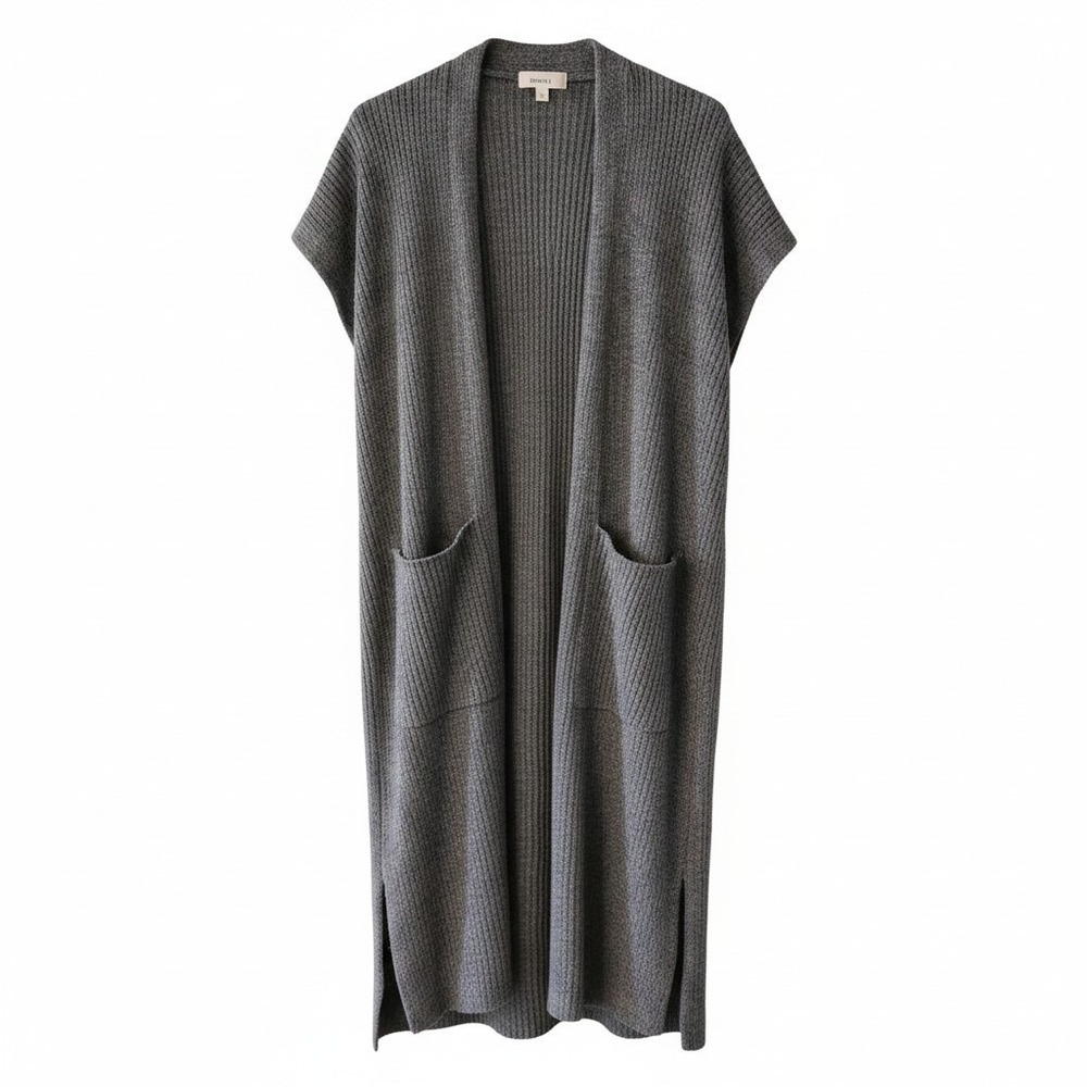 Meraki Gray Rib Knit Long Open Front Cardigan Duster Vest Wool Blend Small